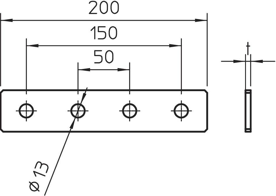 Technische Zeichnung eines Metallträgers: Rechteck mit vier Bohrungen, Abstand 50 mm zueinander; Gesamtlänge 200 mm, Bohrungsdurchmesser 13 mm.