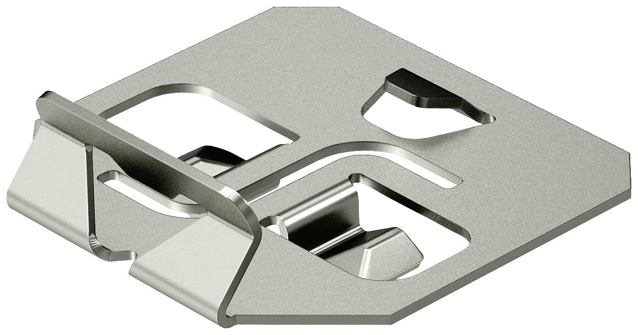 Metallklammer mit vier Aussparungen und angewinkeltem Haltewinkel an einer Seite. Verwendet zur Montage oder Stabilisierung von Werkstücken.