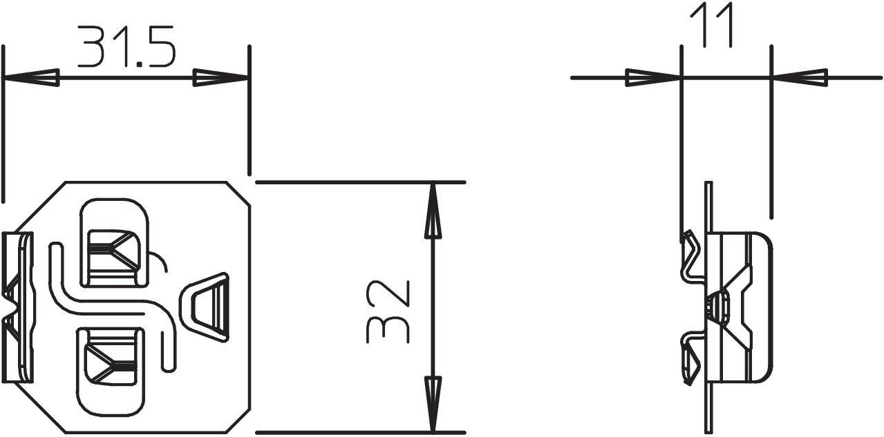 Technische Zeichnung eines Bauteils mit Maßen: 31,5 mm Breite, 32 mm Höhe, 11 mm Tiefe. Zeigt Seiten- und Vorderansicht.