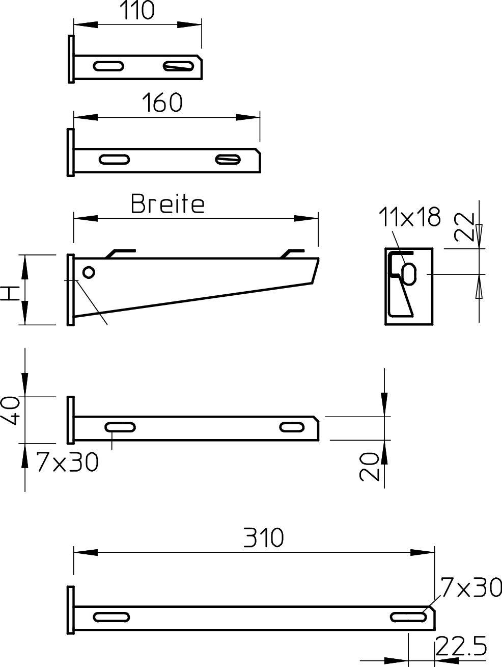 Technische Zeichnung eines Wandregalhalters mit Maßen: Länge 310 mm, Breite 160 mm, Höhe 40 mm, Lochdurchmesser 11x18 mm.