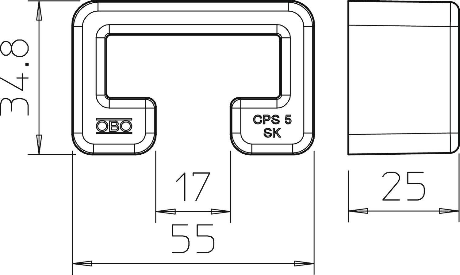 Technische Zeichnung eines Metallteils mit den Abmessungen 34,8 mm x 55 mm x 25 mm, markiert mit 'CPS 5 SK' und Bohrlöchern.
