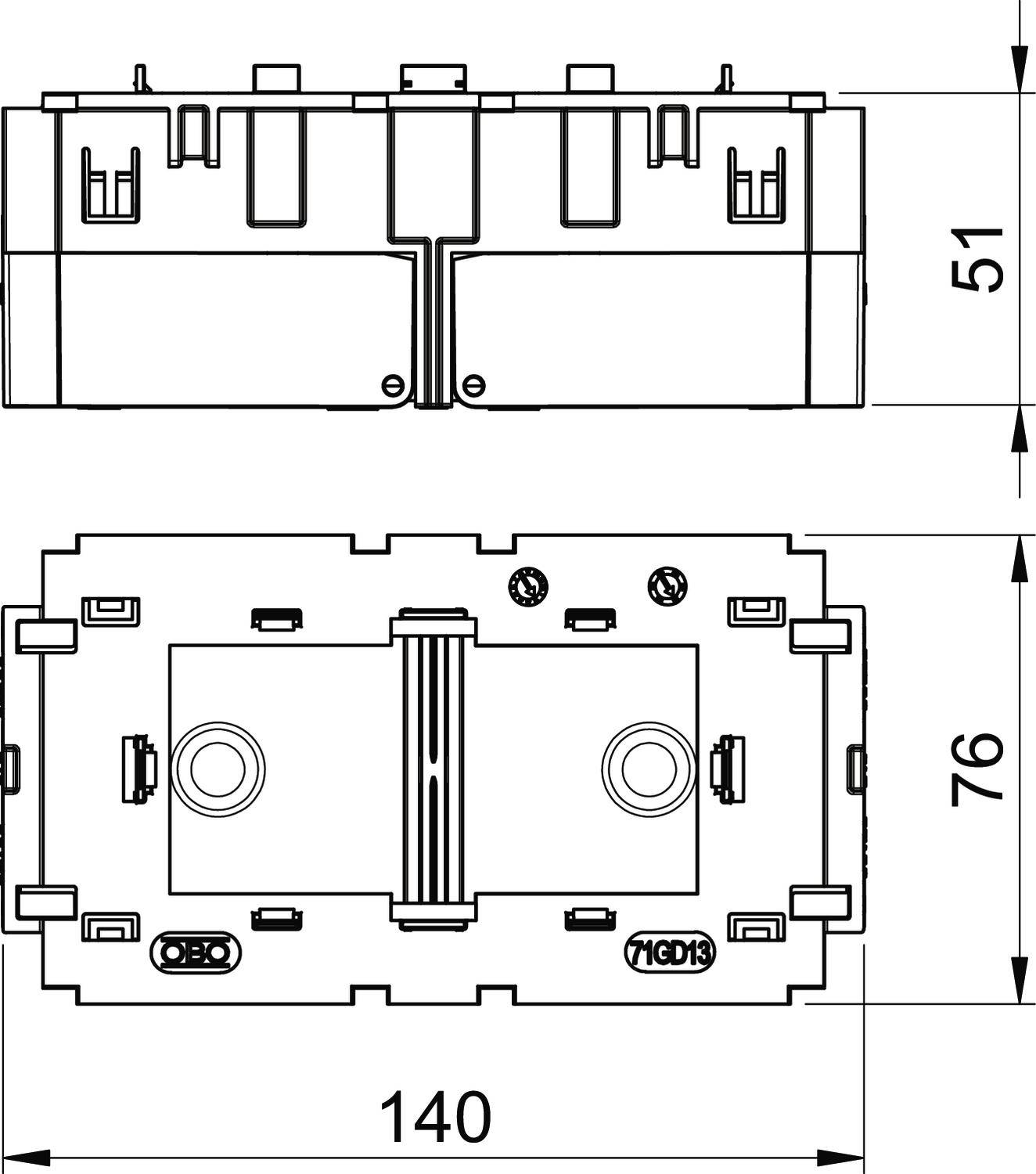 Technische Zeichnung eines rechteckigen elektrischen Bauteils mit Maßen: Breite 140 mm, Höhe 76 mm, Tiefe 51 mm. Ansicht von oben und Seite.