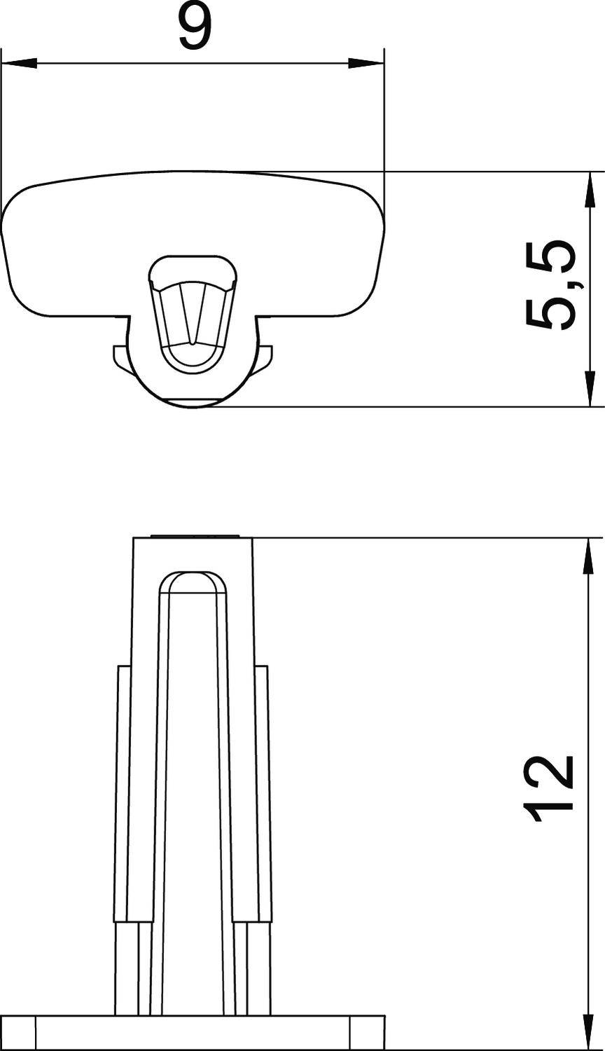 Technische Zeichnung einer Schraubenverbindung mit zwei Bemaßungen: Breite 9 cm, Höhe 5,5 cm oben; Gesamthöhe 12 cm.
