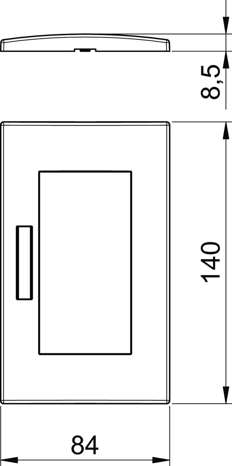 Abbildung eines rechteckigen Objekts mit Maßen: Höhe 140 mm, Breite 84 mm, Tiefe 8,5 mm. Oben ansicht eine flache Kante.