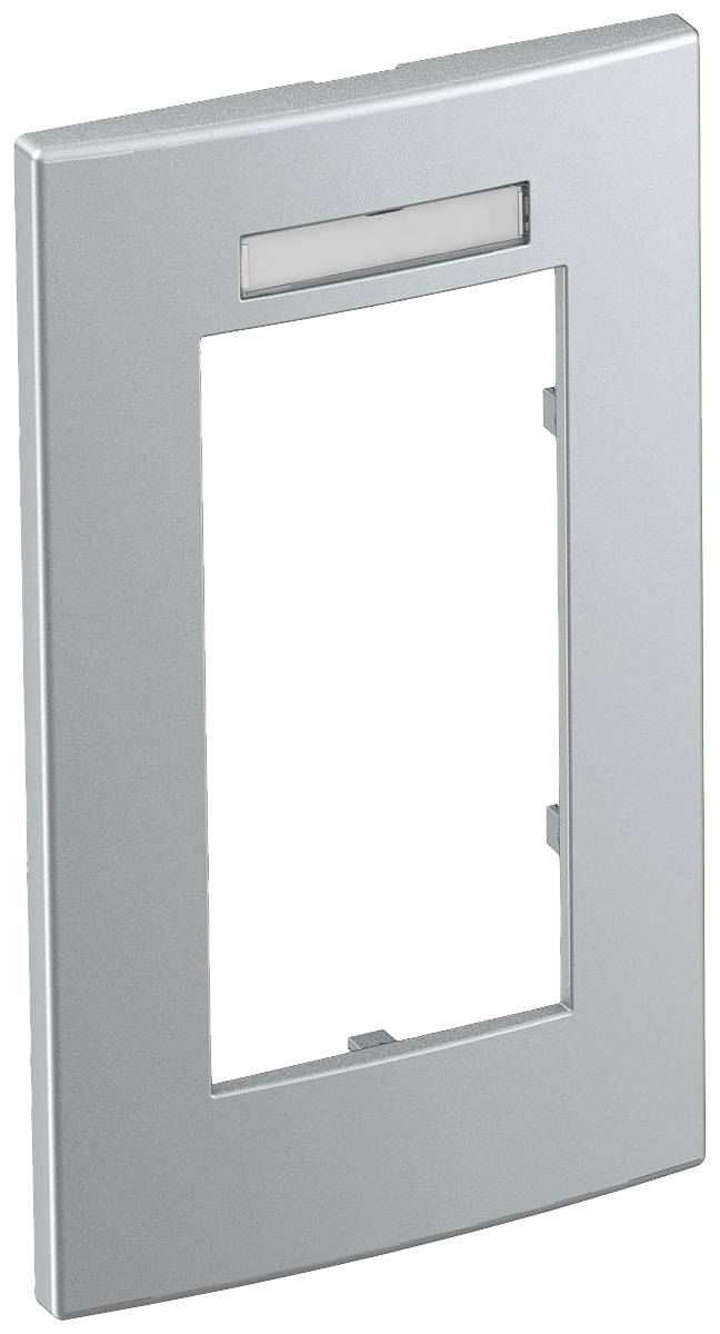Silberner Rahmen für einen Lichtschalter mit rechteckiger Form und einem kleinen transparenten Fenster oben. Keine Schalter enthalten.