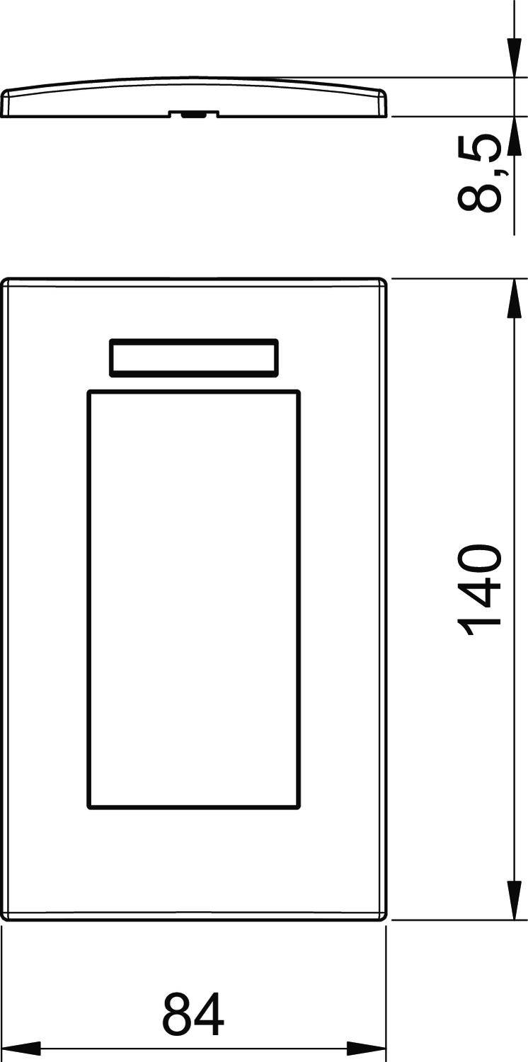 Zeichnung eines rechteckigen Geräts mit den Maßen 84 x 140 mm und einer Dicke von 8,5 mm.