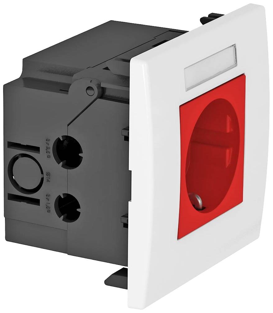 Ein roter Ein-Aus-Schalter mit weißem Rahmen, geeignet für elektrische Geräte. Der Schalter ist im Profil zu sehen und nicht aktiviert.