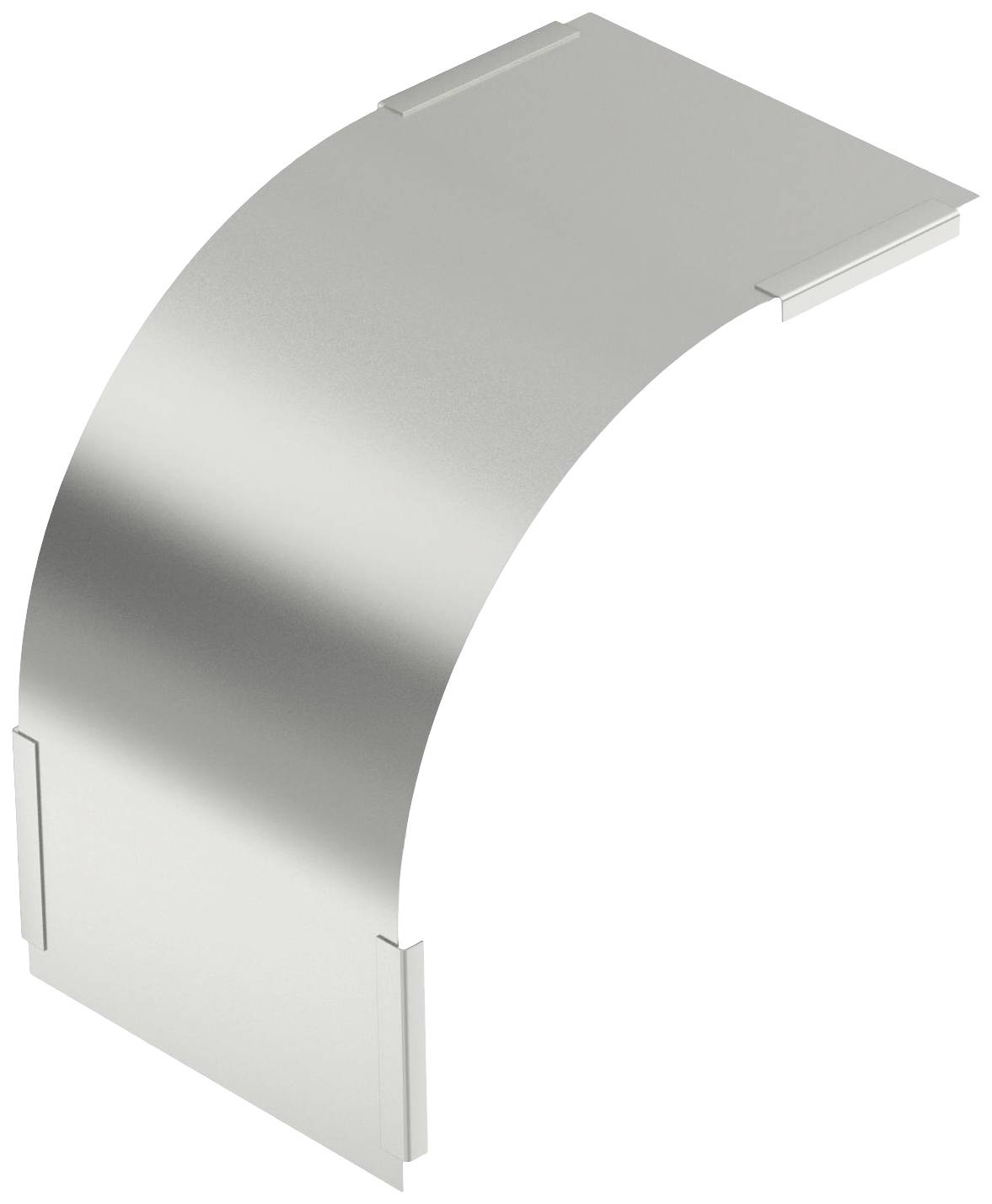 Eine gebogene Metallabdeckung mit einem geschwungenen Design. Sie hat sechs Kanten, drei auf jeder Seite, die nach innen gefaltet sind.
