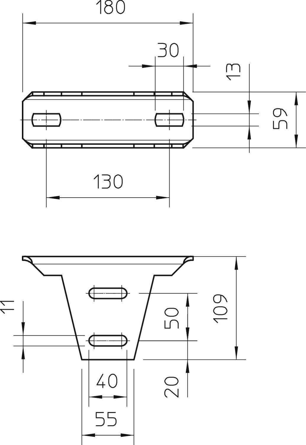Technische Zeichnung eines Bauteils mit Abmessungen: oben 180x59 mm, Seiten 11 mm, unten 55x20 mm, Öffnungen mittig platziert.