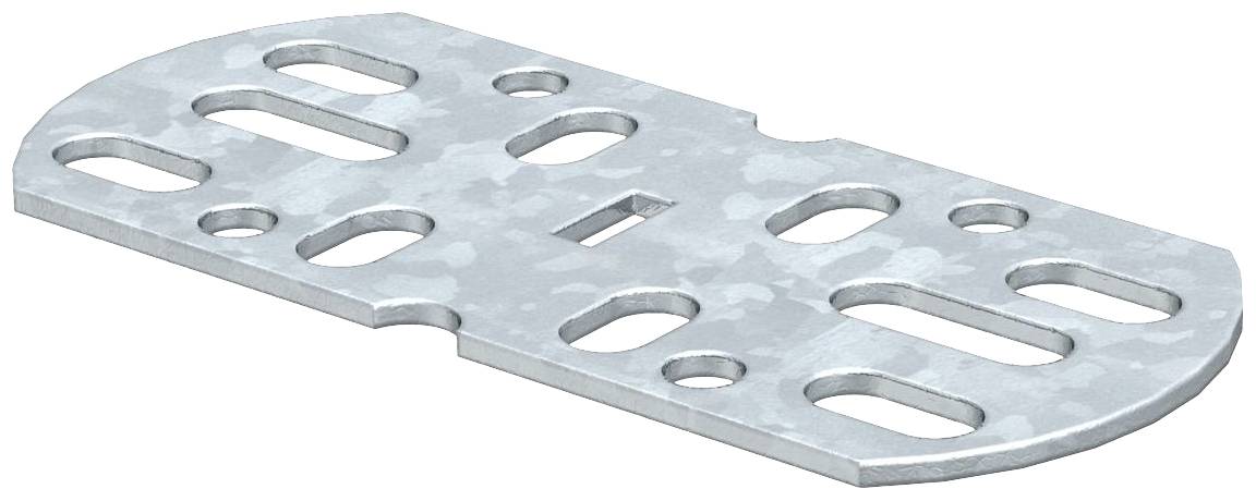 Metallverbindungsplatte mit mehreren ovalen und runden Löchern, rechteckige Form, grau verzinkt. Geeignet für strukturelle Befestigungen.