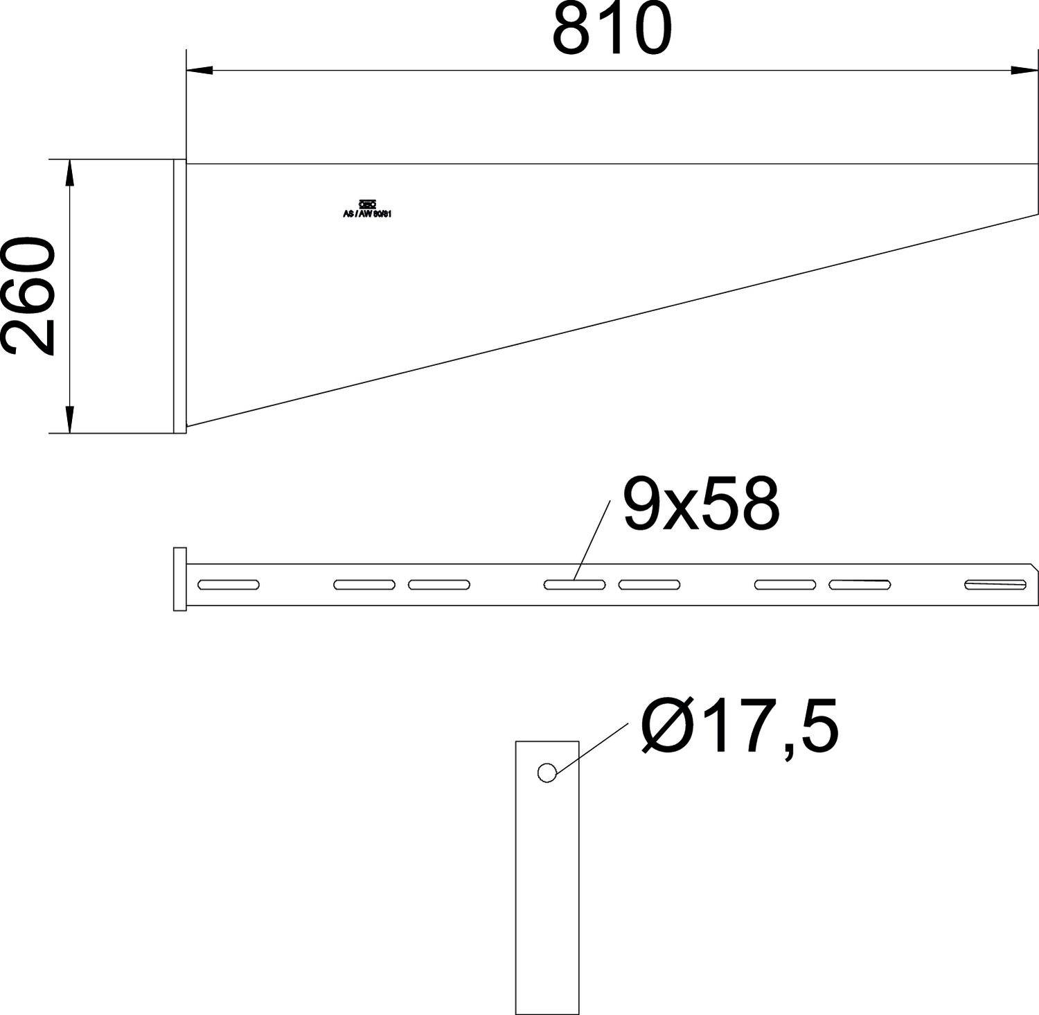 Technische Zeichnung eines konischen Bauteils mit Maßen 810 mm x 260 mm. Es zeigt Bohrungen '9x58' und einen Lochdurchmesser 'Ø17,5'.