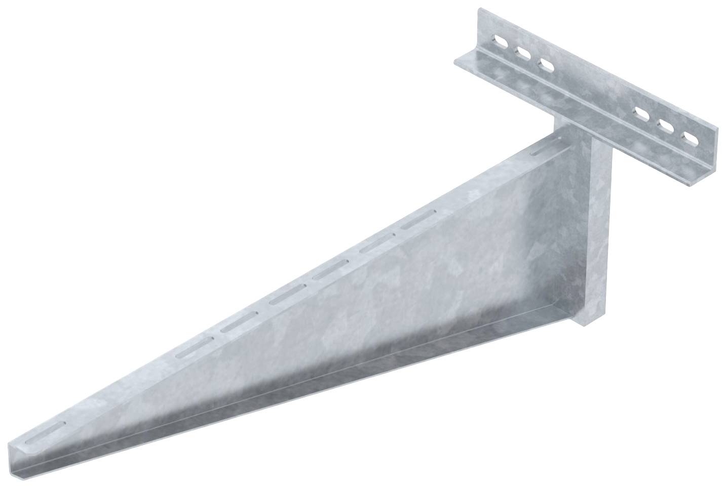 Einzelne Metallwinkelkonsole mit Löchern für Befestigungen, genutzt zur stabilen Unterstützung von Regalen oder Strukturen.