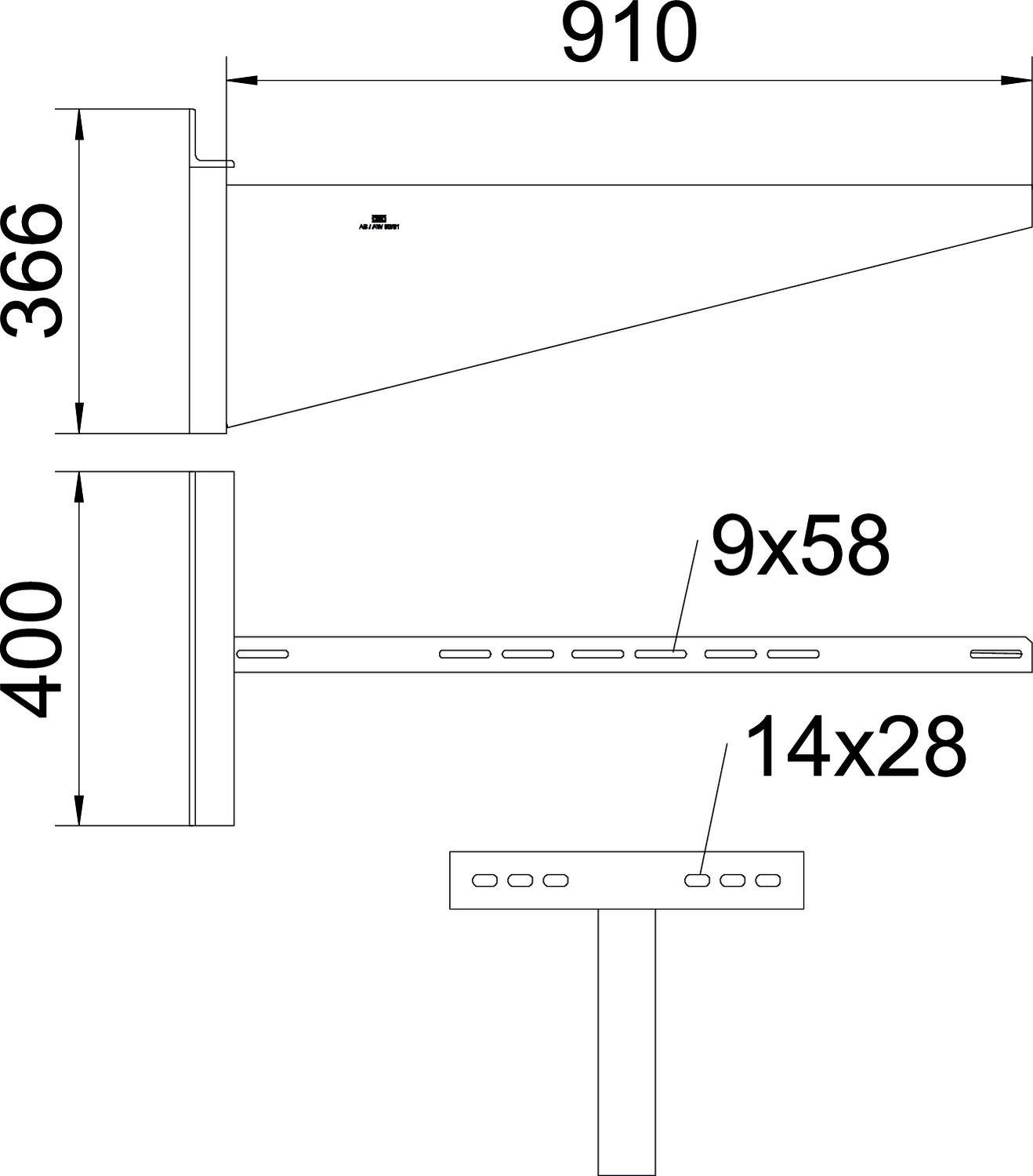 Bauzeichnung einer Wandhalterung mit Maßen: 910 mm Länge, 366 mm und 400 mm Höhe. Details beinhalten Bohrlochgrößen: 9x58 und 14x28 mm.