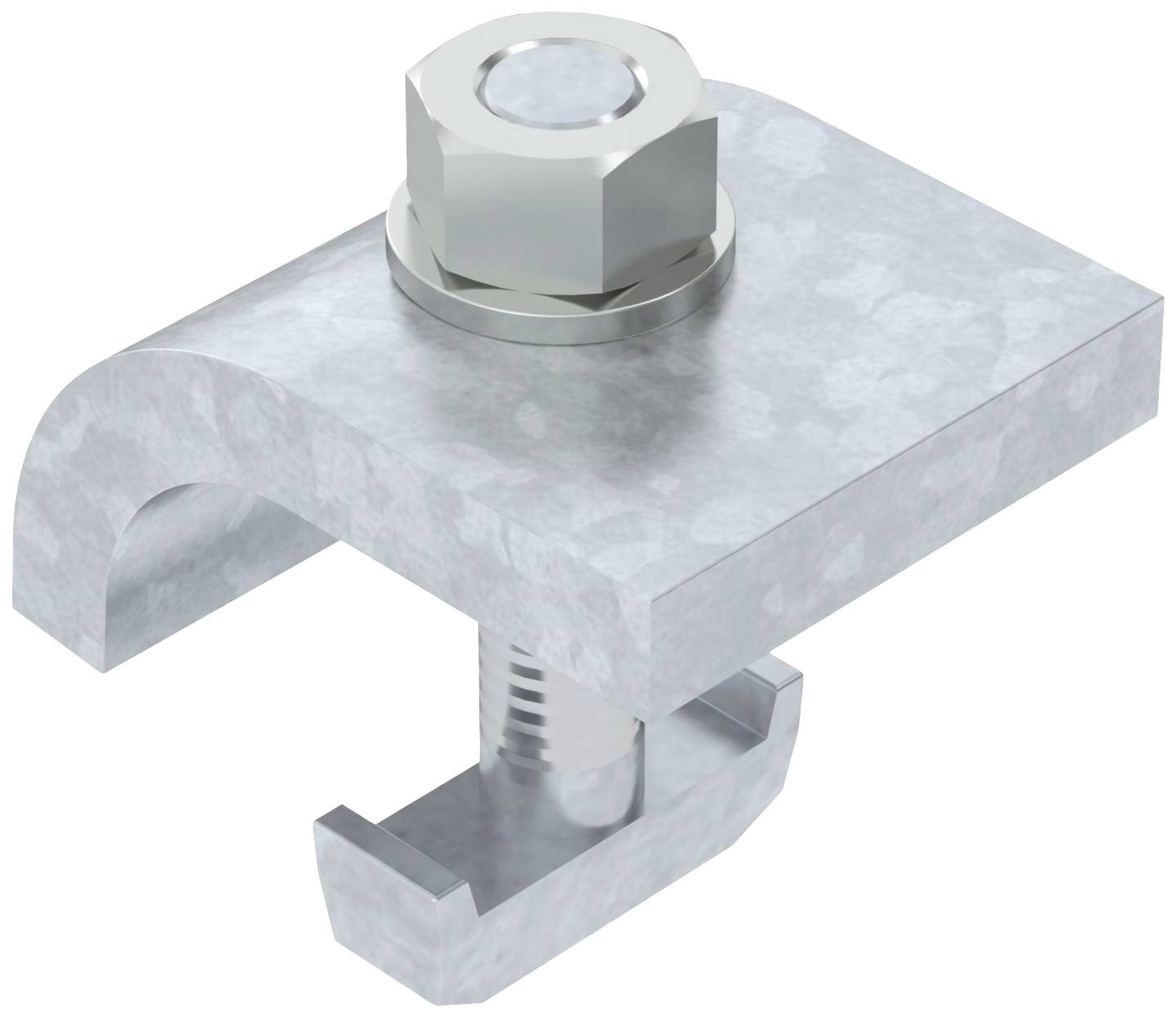 Metallische Klemme mit Bolzen. Sie dient zur Befestigung an Stahlträgern in Bauprojekten. Detaillierte Ansicht des Verbindungsmechanismus.