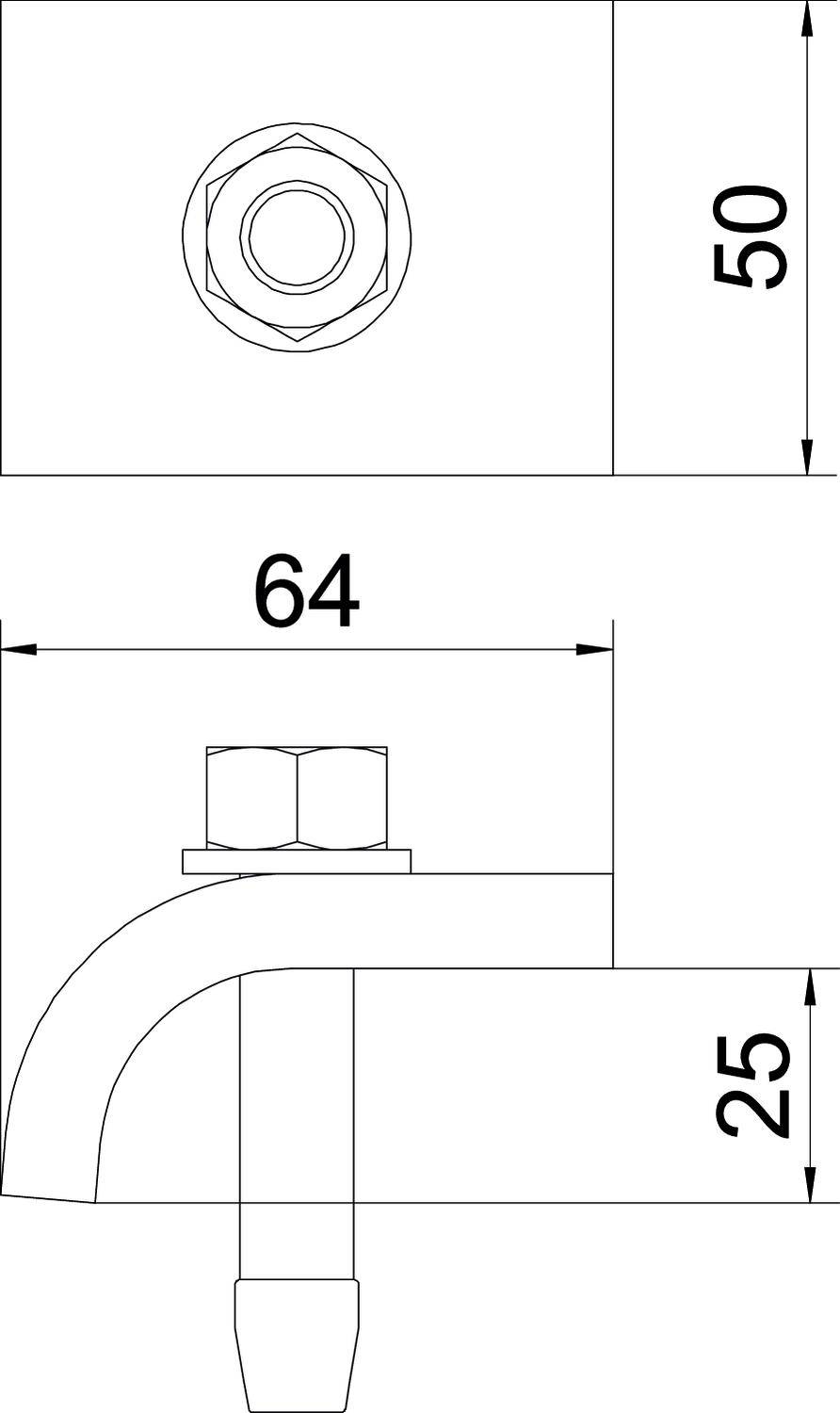 Technische Zeichnung eines Hahns mit seitlicher Ansicht. Maße: Höhe 25 mm, Länge 64 mm, Breite 50 mm.