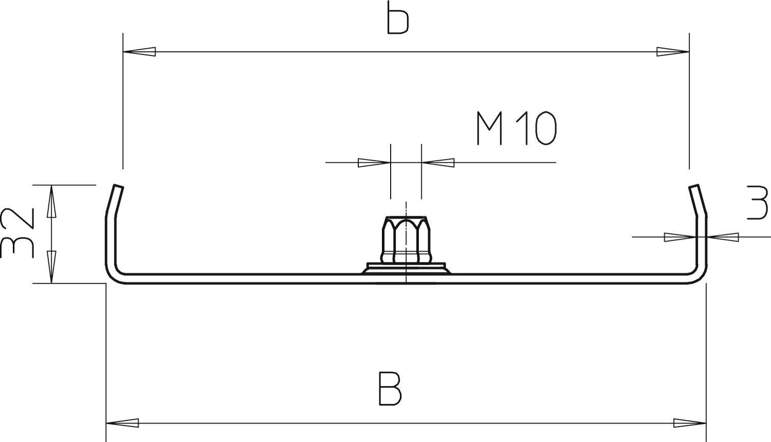 Technische Zeichnung einer Metallhalterung mit Maßen: Höhe 32mm, Breite 3mm, Gewinde M10, Gesamtbreite B.