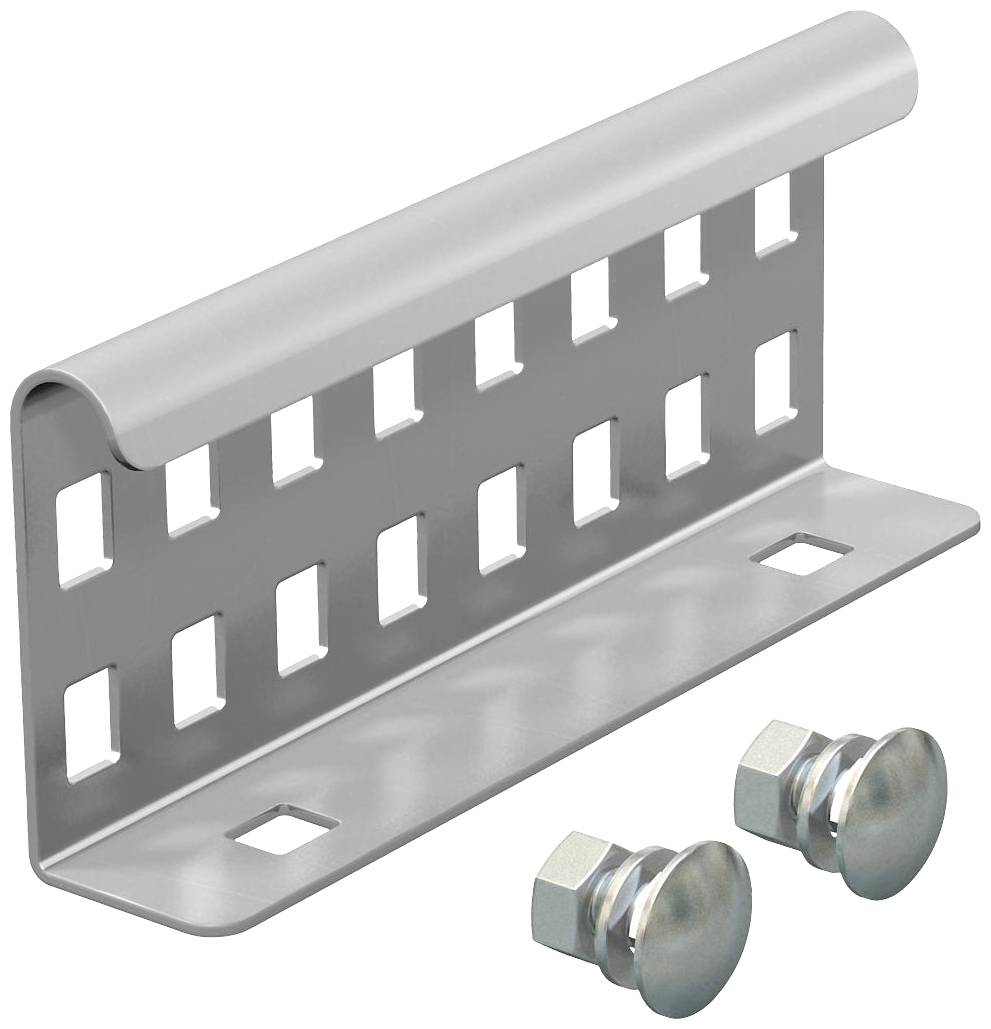 Metallhalterung aus Edelstahl mit rechteckigen Aussparungen und zwei Befestigungsschrauben, vermutlich für einen industriellen oder mechanischen Anwendungsbereich.