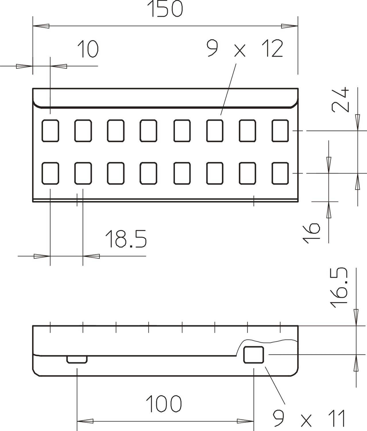 Technische Zeichnung eines rechteckigen Bauteils mit Abmessungen: Länge 150 mm, Breite 24 mm, Höhe 16,5 mm. Löcher 9x12 mm.