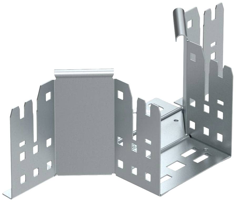 Metallhalterung mit mehreren Winkeln und Öffnungen, vermutlich für den Einsatz in Bau- oder Heimwerkeranwendungen.