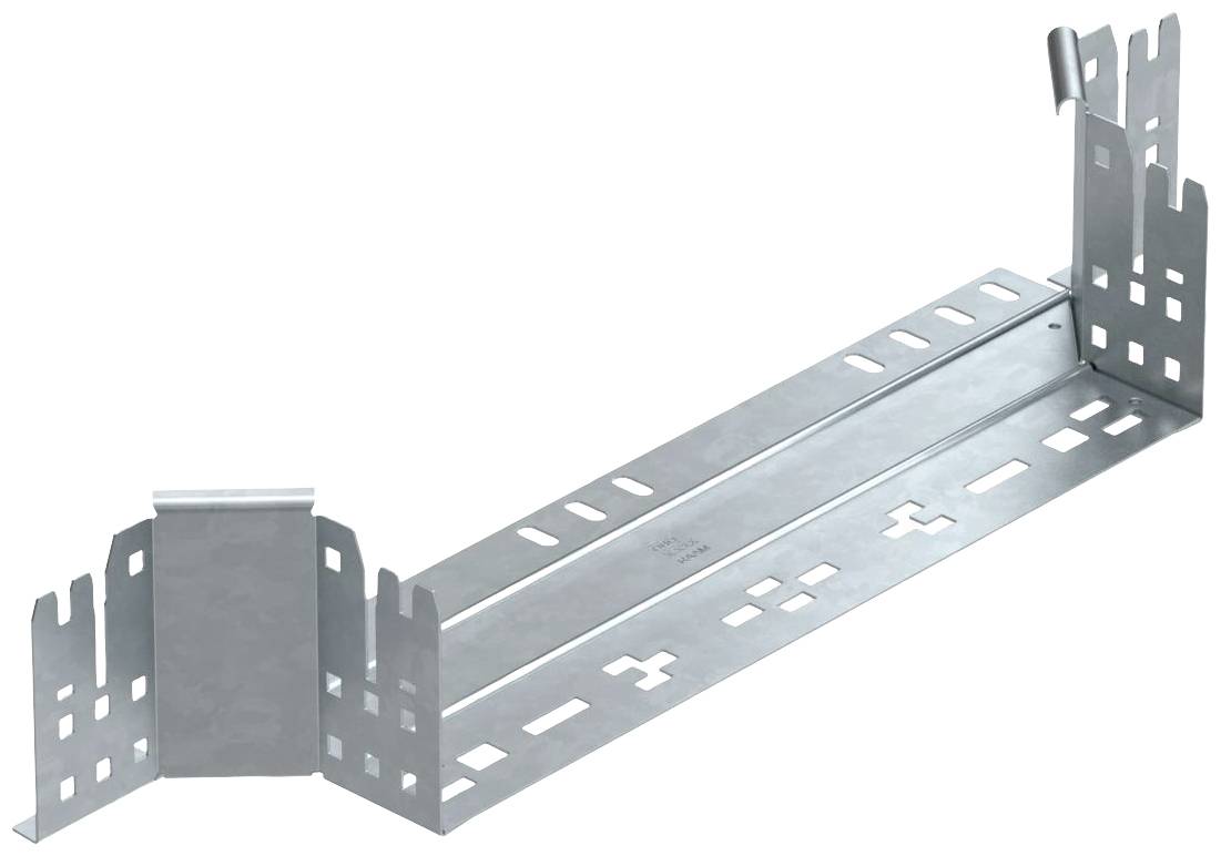 Metallhalterung mit austauschbaren Platten und perforierten Kanten zur Befestigung von Kabeln oder Rohren an Wänden oder Decken.