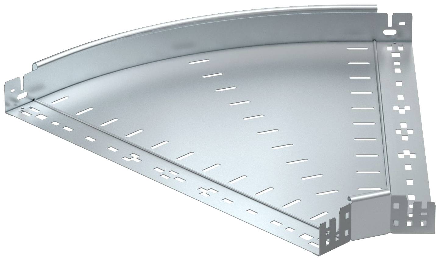 Metallisches Kabelrinnen-Eckstück, silber, mit Schlitzen auf der Oberfläche, zur Unterstützung von Kabeln in einer Kurve.