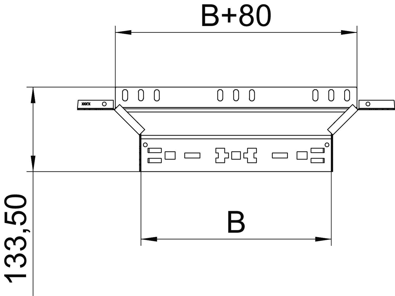 Technische Zeichnung eines Kabelkanals mit den Maßen 'B+80' in der Breite und '133,50' in der Höhe, mit mehreren Halterungen.