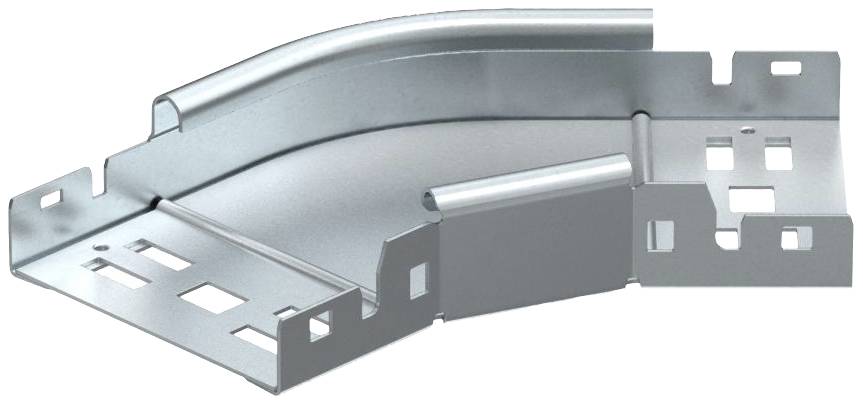 Metallisches Kabelkanal-Eckstück mit quadratischem Lochmuster. Verbindet Teile eines Kabelkanalsystems, bietet Richtungsänderung.