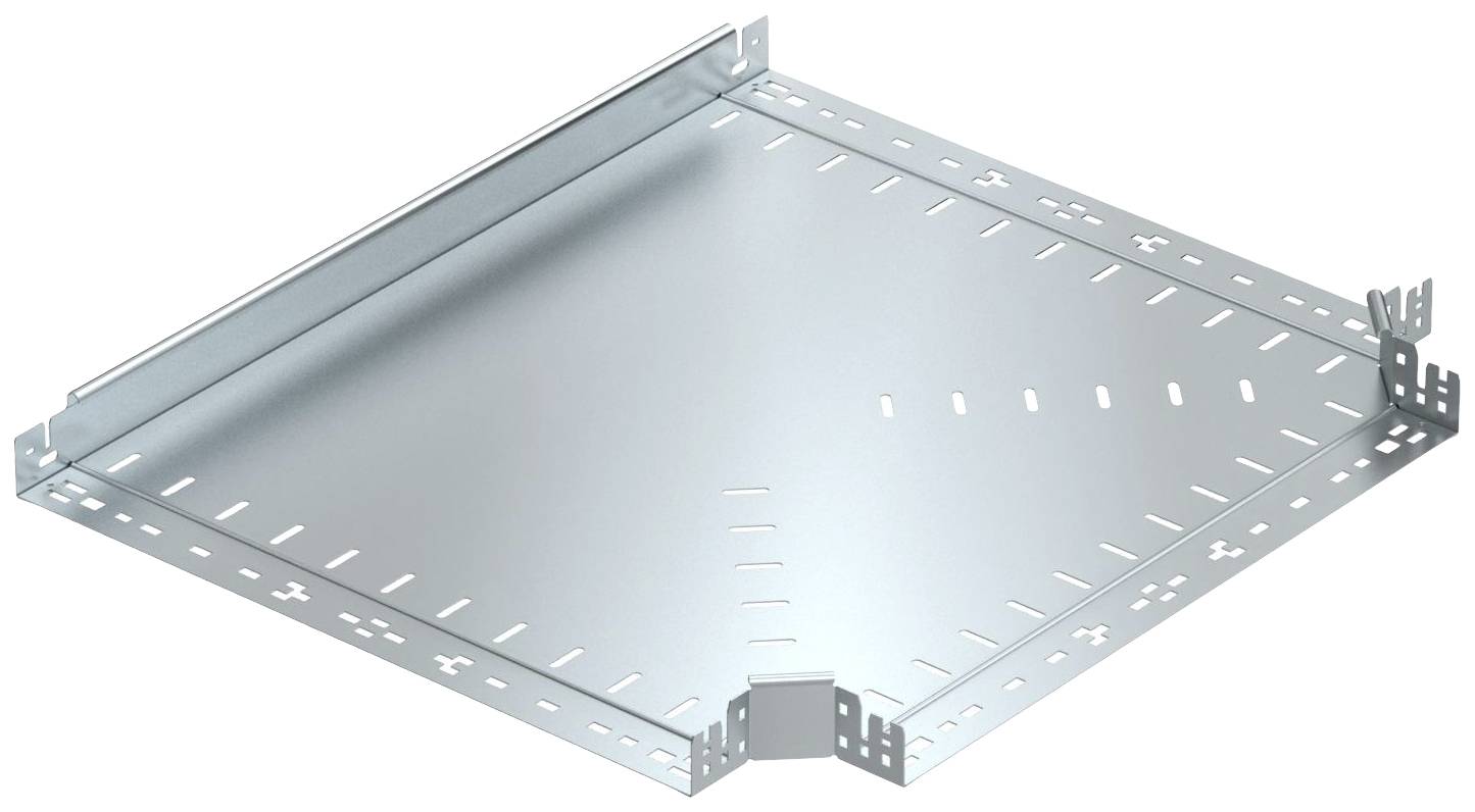 Ein rechteckiges Metallblech mit erhöhten Kanten und gestanzten Schlitzen, wahrscheinlich für die Kabelverwaltung.