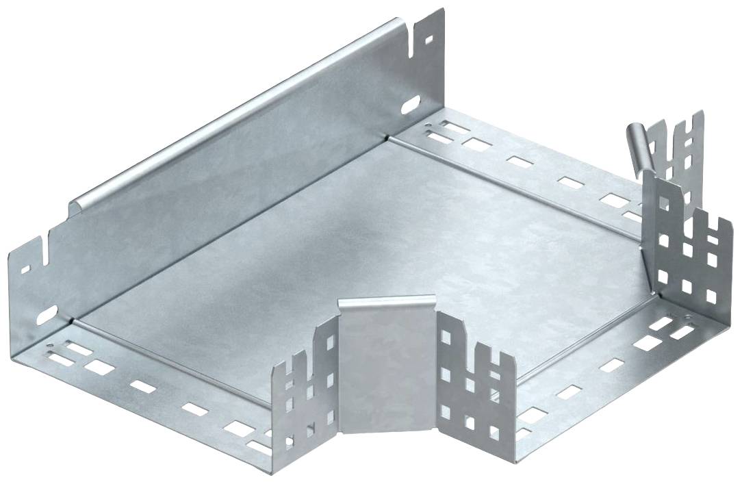 Metallkabelkanal mit abgewinkelten Seiten und Lochmuster. Verwendet zur Kabelorganisation und -sicherung in technischen Installationen.