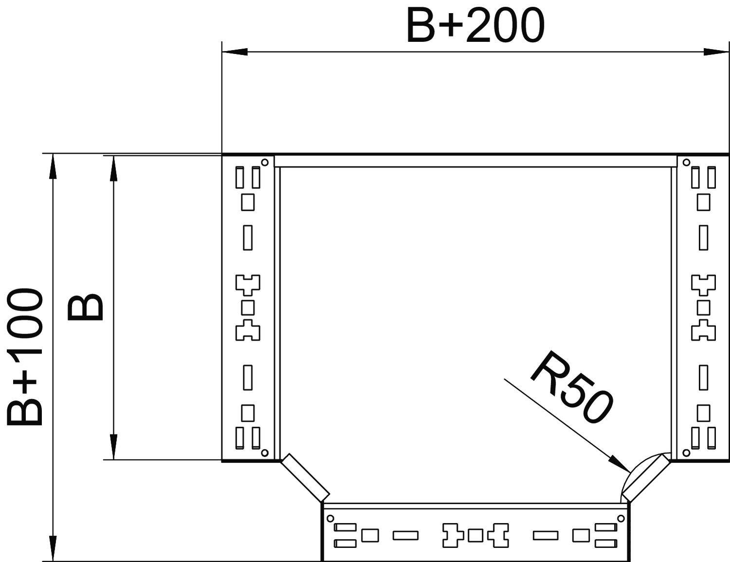 Technische Zeichnung eines Eckteils mit Maßen: B, B+100, B+200 und Radius R50. Verbindet zwei horizontale Strukturen in einem Winkel.