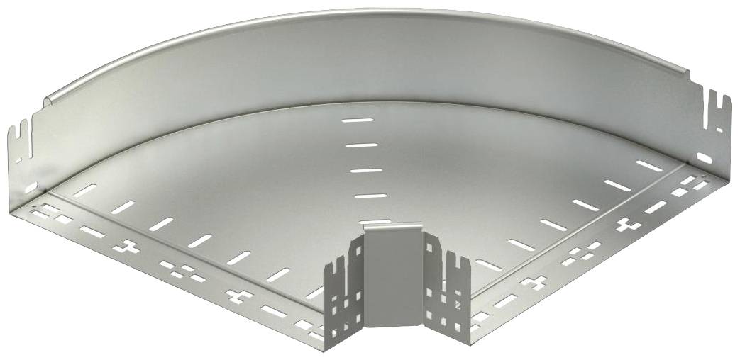 Metallkabelkanal-Kurve, 90 Grad Winkel, silberne Farbe, mit seitlichen Befestigungselementen. Geeignet für industrielle Kabelverlegung.