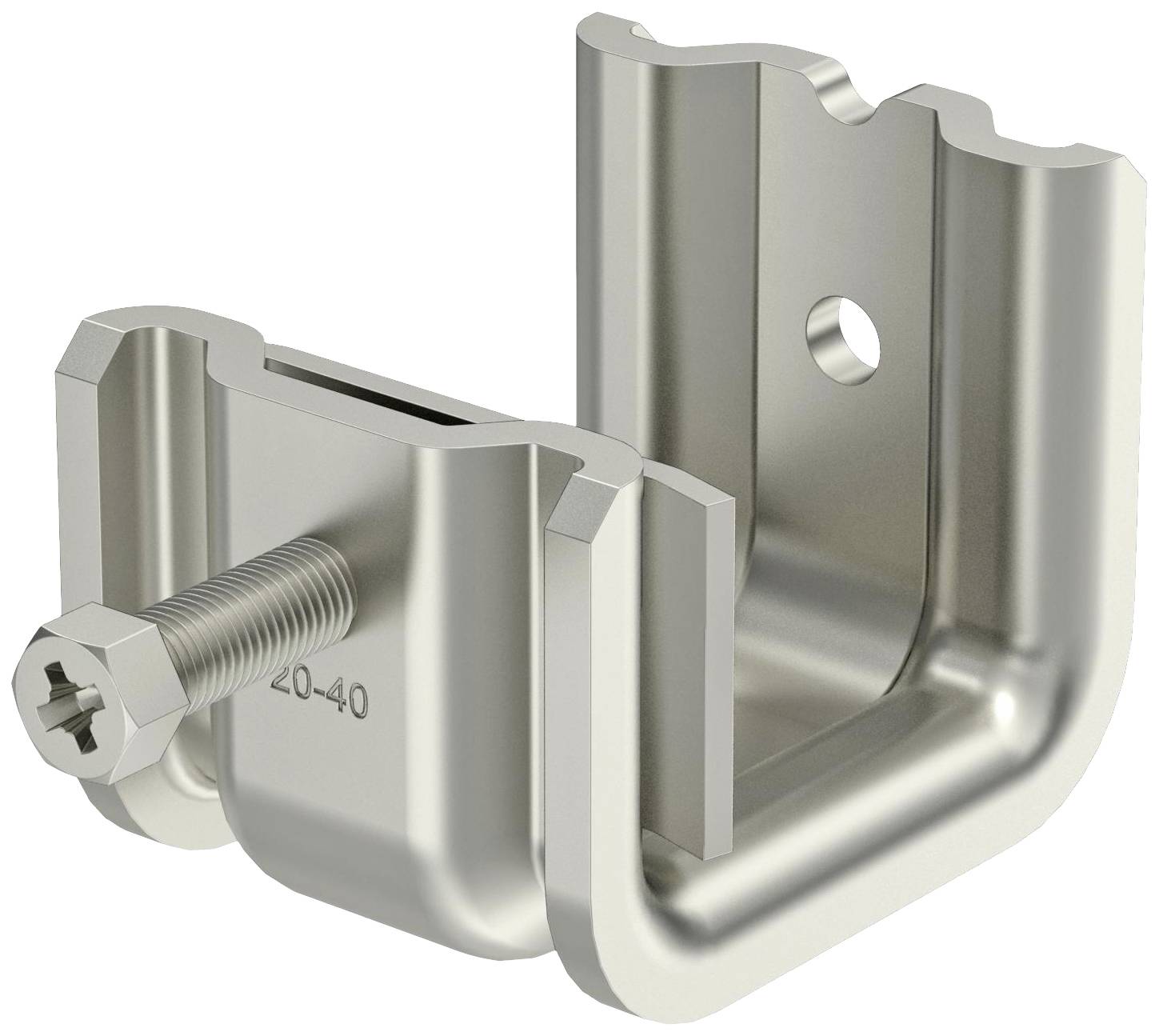 Ein Metallwinkel mit Schraube zur Verbindung von zwei Teilen. Die Schraube ist in einem der beiden Winkel eingelassen. Geeignet für Bauanwendungen.