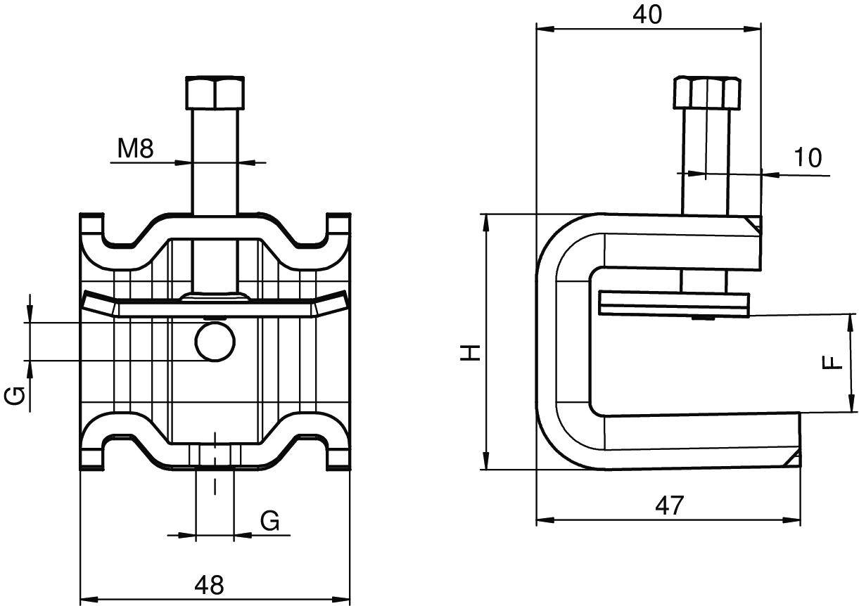Technische Zeichnung einer Metallklemme; Maße: Breite 48, Tiefe 47, Höhe H. Schraube M8 oben. Seitenmaße: G, F, i, mit spezifischen Größen.