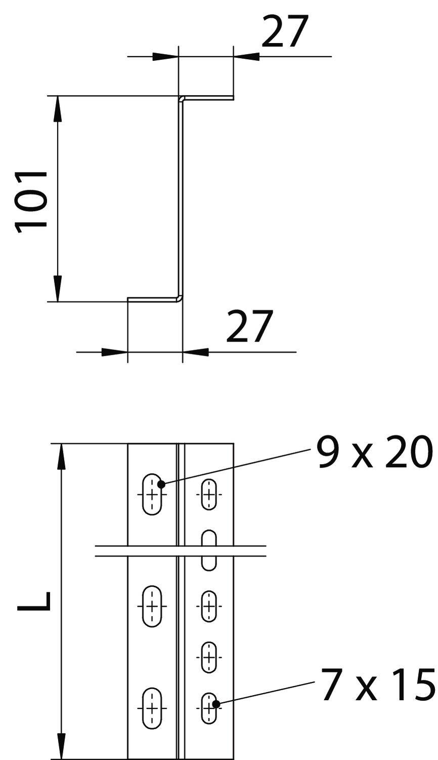 Technische Zeichnung eines Metallprofils. Oben: Ansicht der Dimensionen 101 mm x 27 mm. Unten: Lochpositionen, 9 x 20 und 7 x 15 mm markiert.