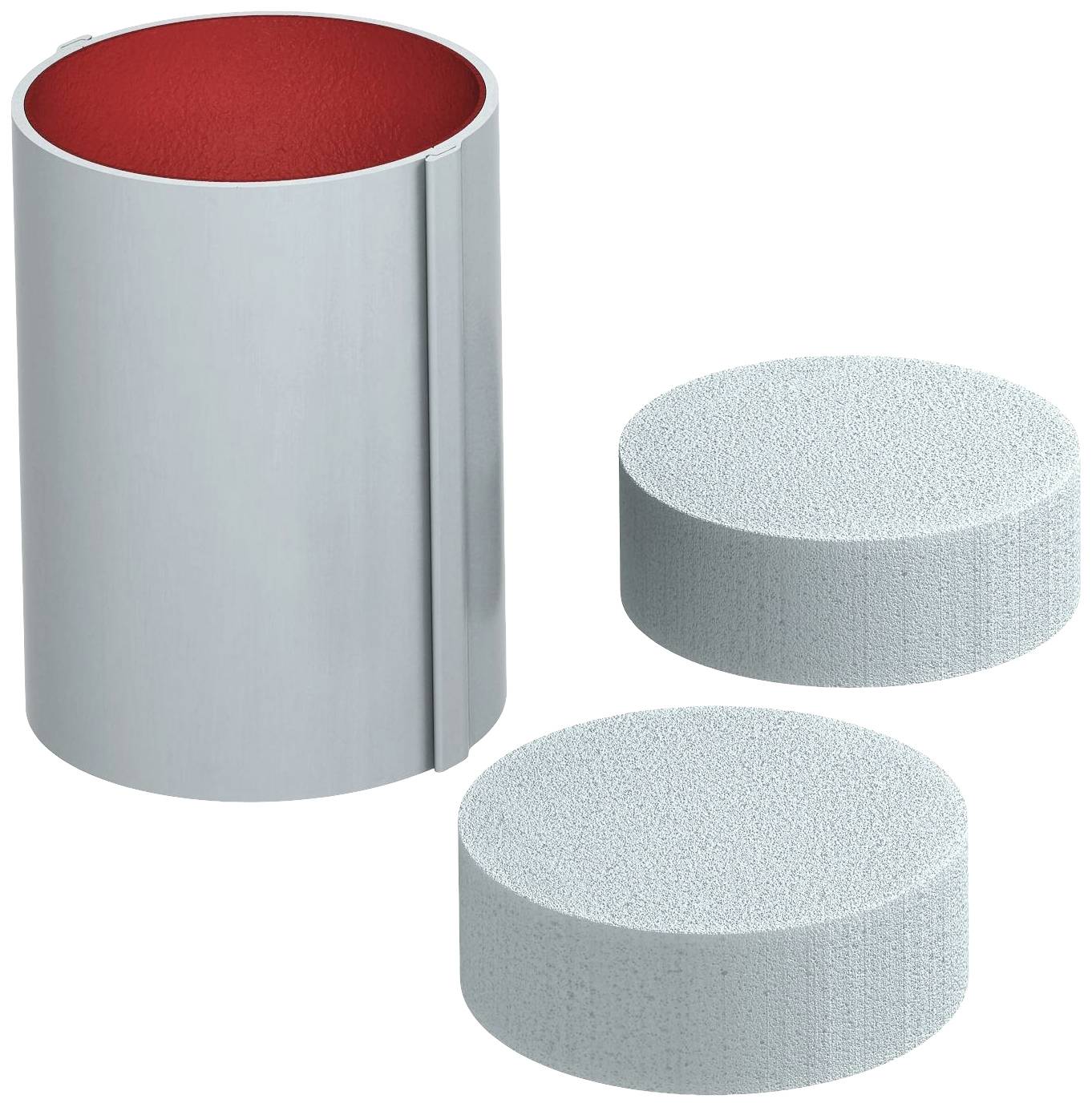 Silberner Zylinder mit rotem Inneren, daneben zwei abnehmbare graue Scheiben. Dient vermutlich der Isolierung oder Dämpfung.
