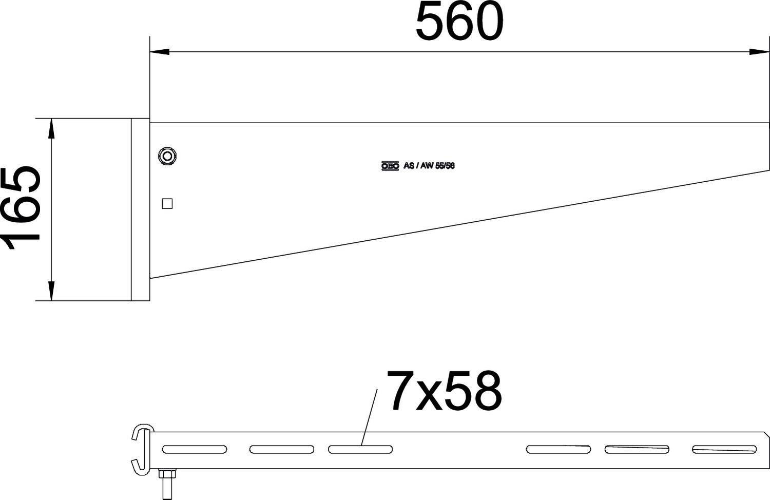 Seitenansicht und Draufsicht einer Wandkonsole mit Maßen: Höhe 165 mm, Tiefe 560 mm. Unterseite zeigt Schlitze: 7x58 mm.