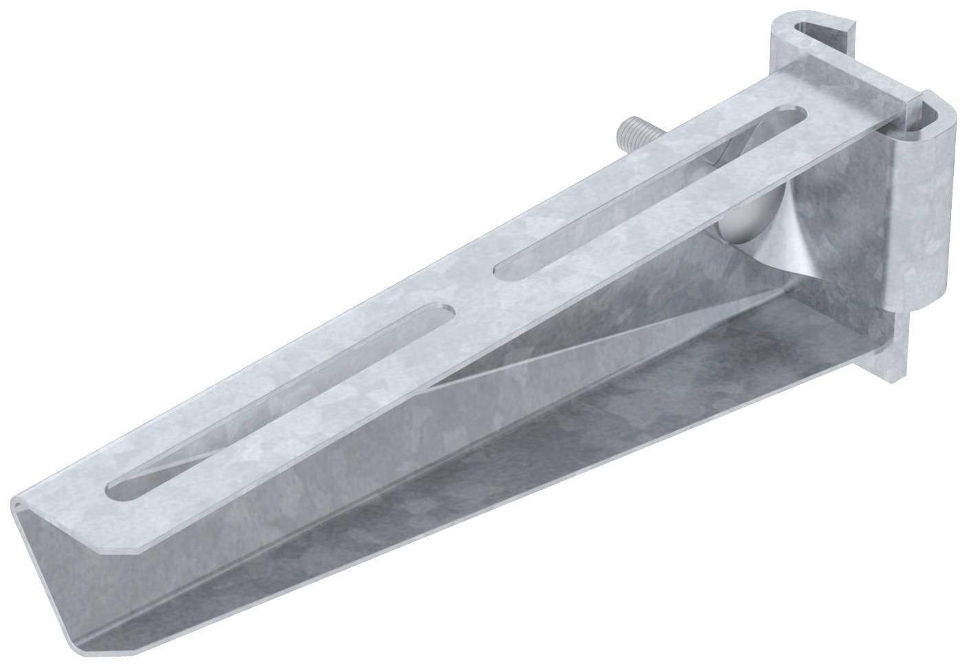 Metallwinkelhalterung mit zwei länglichen Löchern zur Befestigung, zeigt schräg nach oben rechts.