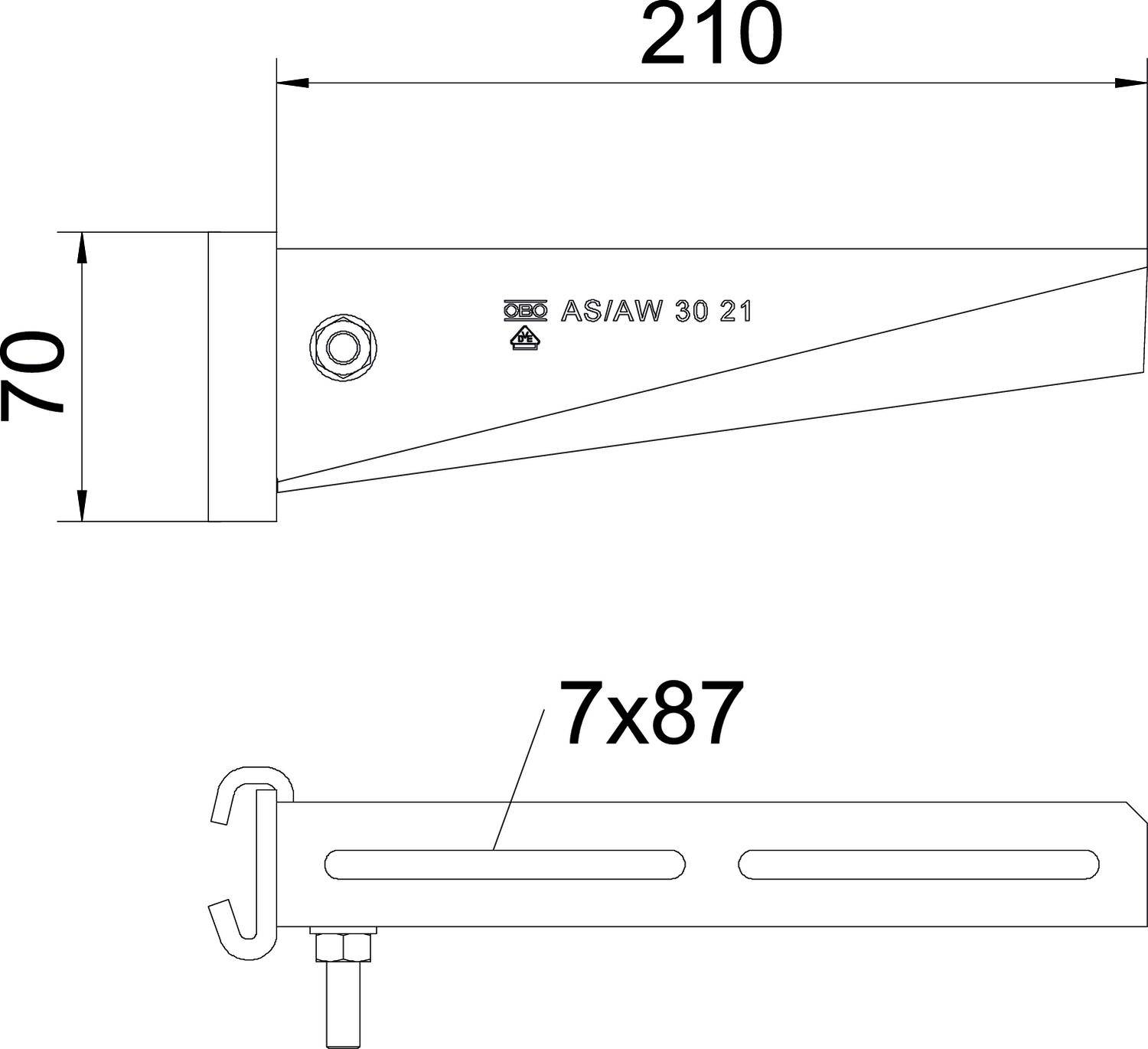 Technische Zeichnung eines Bauteils mit den Maßen 210x70 mm. Beschriftungen: 'ASI/AW 30 21' und '7x87'. Seitenansicht und Draufsicht.