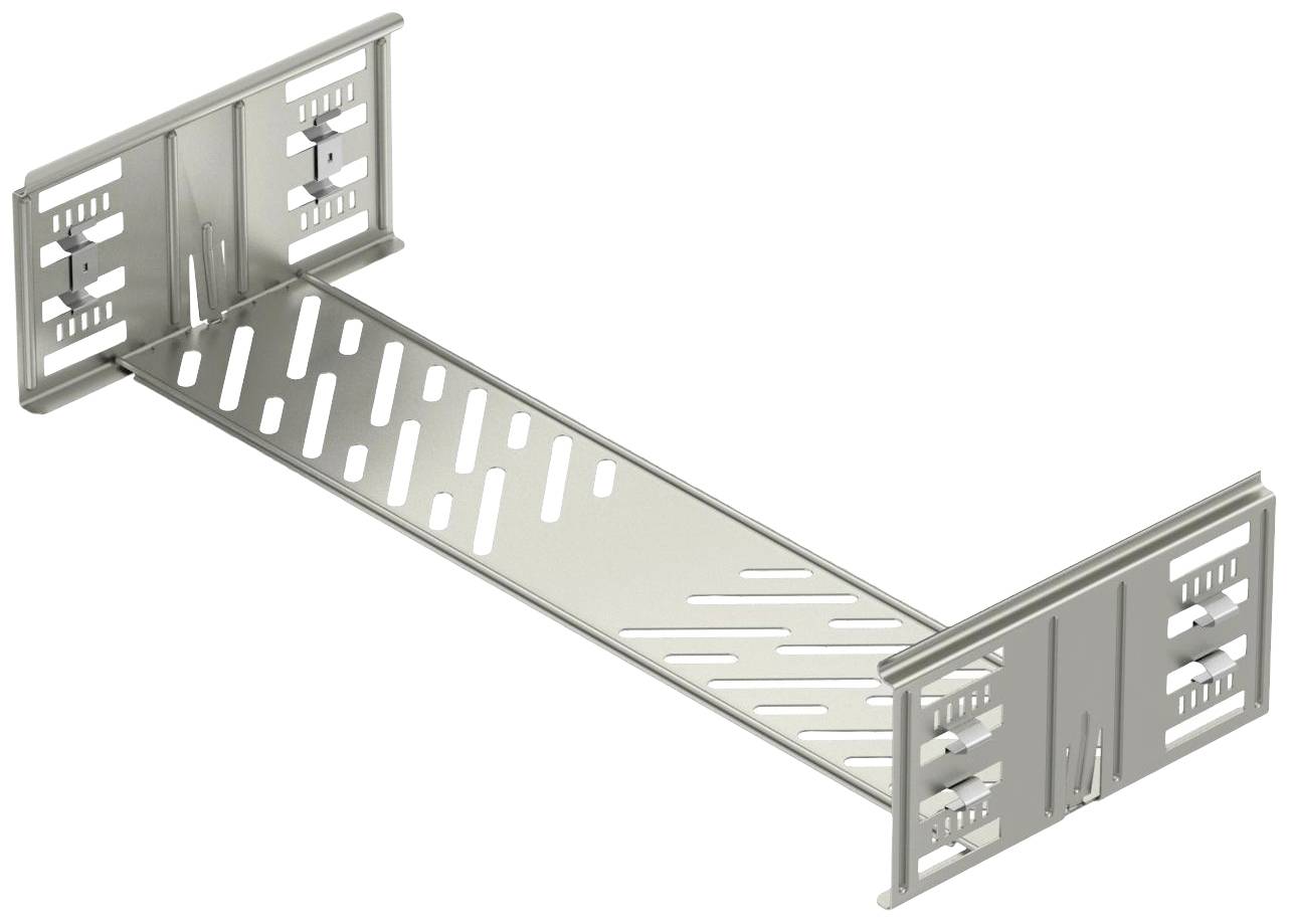 Metallisches Installationsstück mit L-förmigen Enden und perforierter Basis für die Montage von Ausrüstung oder Kabeln an Wänden.