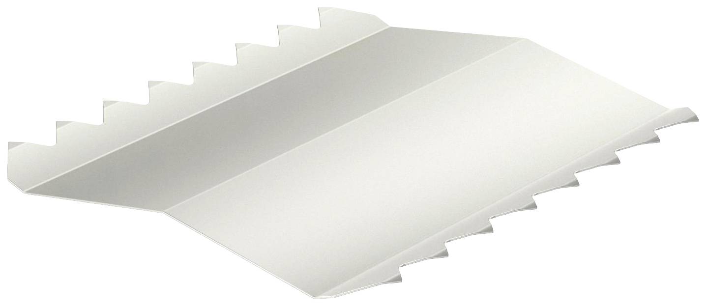 Ein weißes, gezahntes Werkzeug oder Bauteil mit schrägen Seiten und mehreren Zähnen.