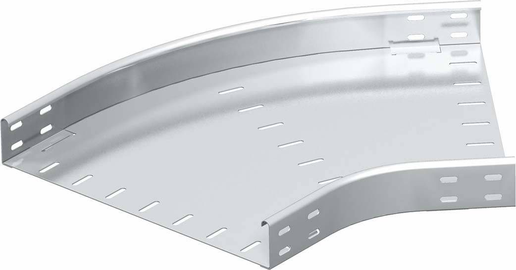 Ein silbernes, gebogenes Kabeltragsystem, das für die Führung und Unterstützung von Kabeln in Kurven verwendet wird.