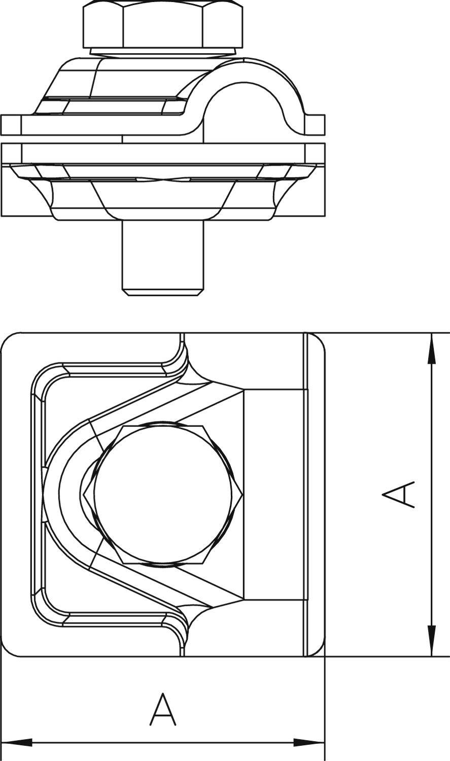 Technische Zeichnung eines mechanischen Teils mit Schraubverbindung, Vorder- und Seitenansicht. Maße 'A' an beiden Seiten angegeben.
