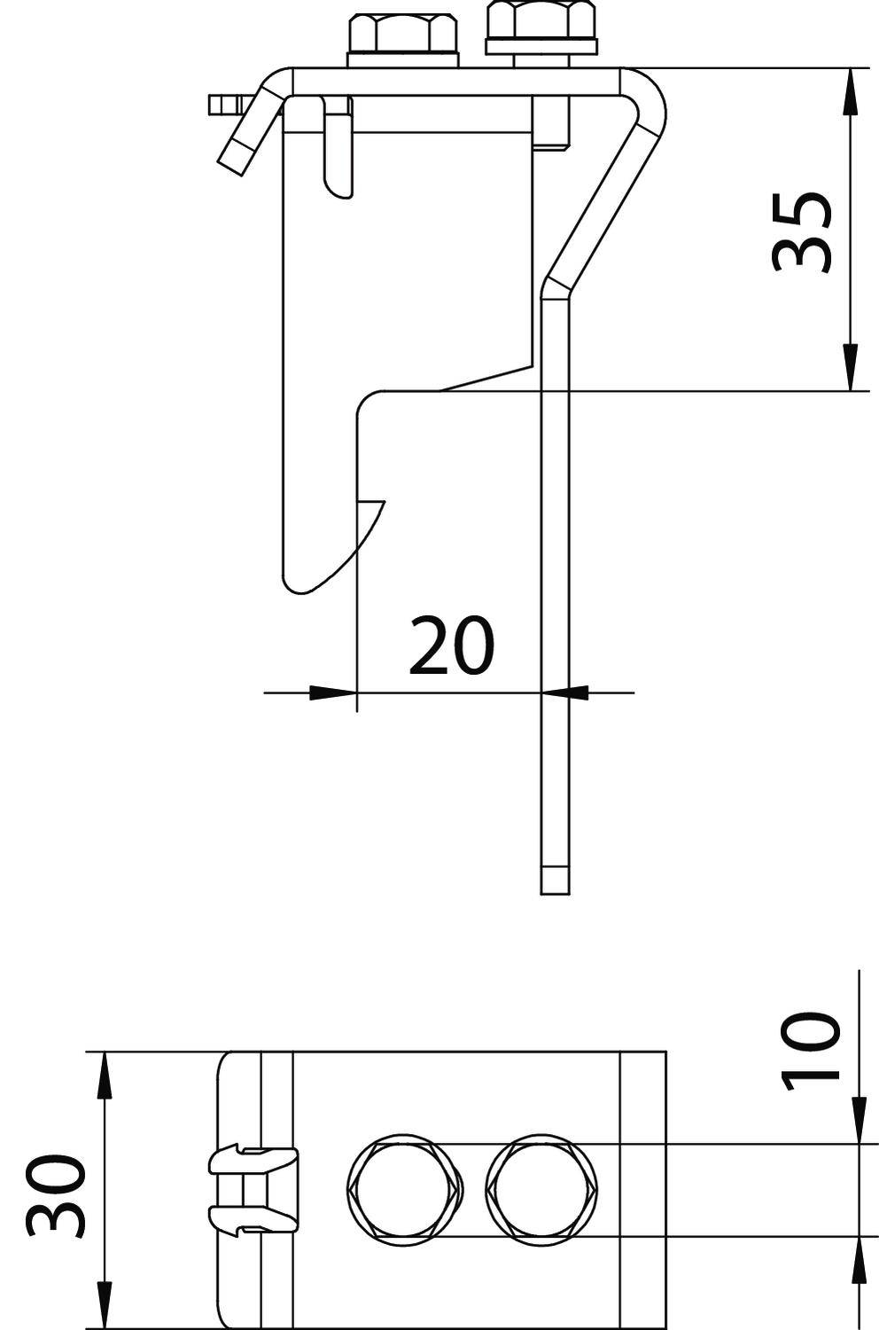 Technische Zeichnung: Seitenansicht und Draufsicht einer Metallhalterung mit Maßen 35 mm, 20 mm und 30 mm. Zwei Schrauben oben sichtbar.