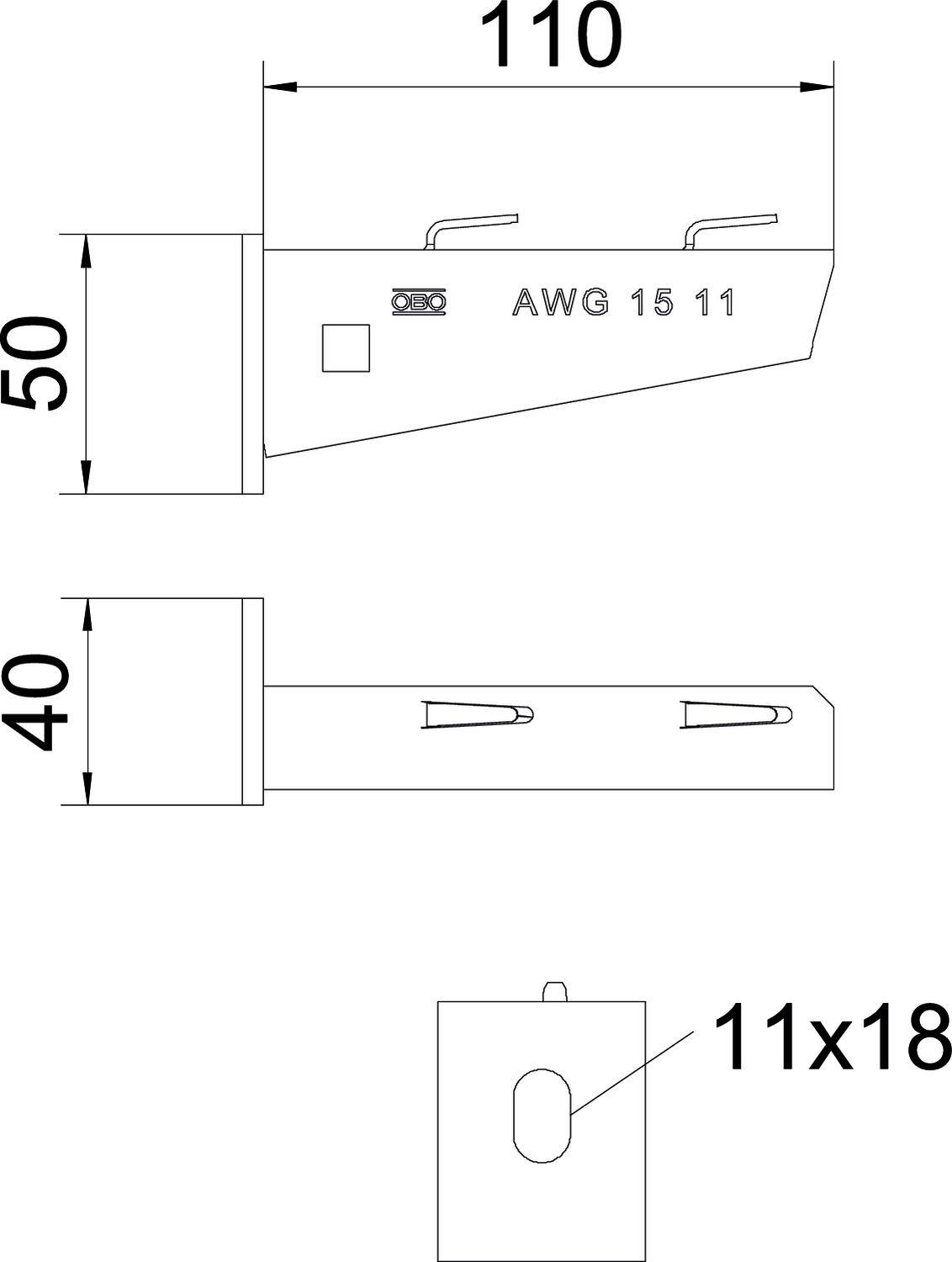 Technische Zeichnung eines rechteckigen Metallteils mit den Maßen 110 x 50 x 40. Markiert mit 'AWG 15 11'. Ein Slot von 11 x 18.