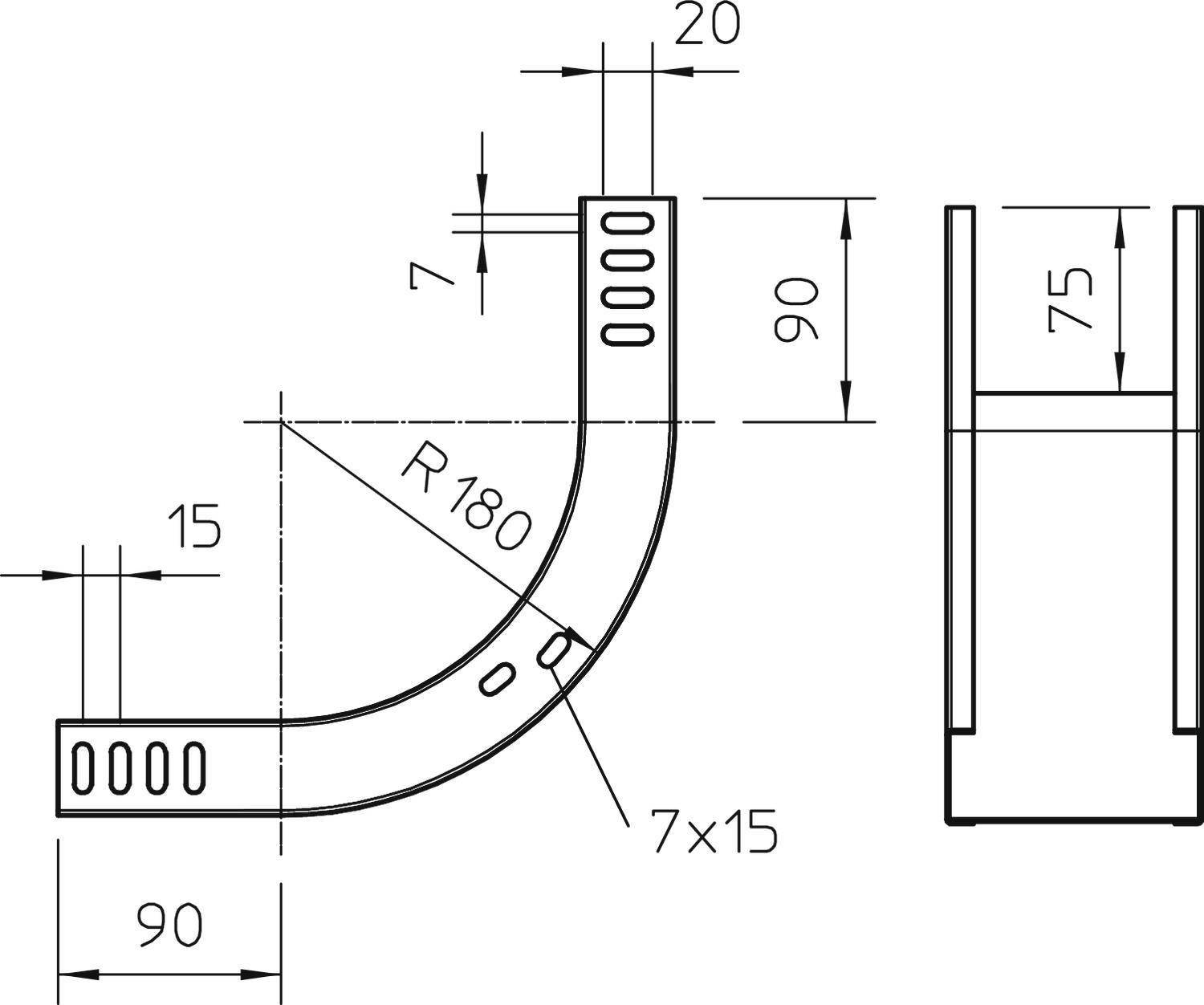 Technische Zeichnung eines gebogenen Metallrings mit Maßen: Radius 180, Seitenlänge 90. Details zeigen Bohungen von 7x15 mm.