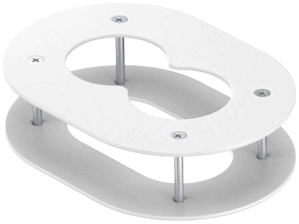 Ein weißer Toiletten-Adapter aus Kunststoff mit ovaler Form und vier Schrauben zur Befestigung, abgebildet im Profil.