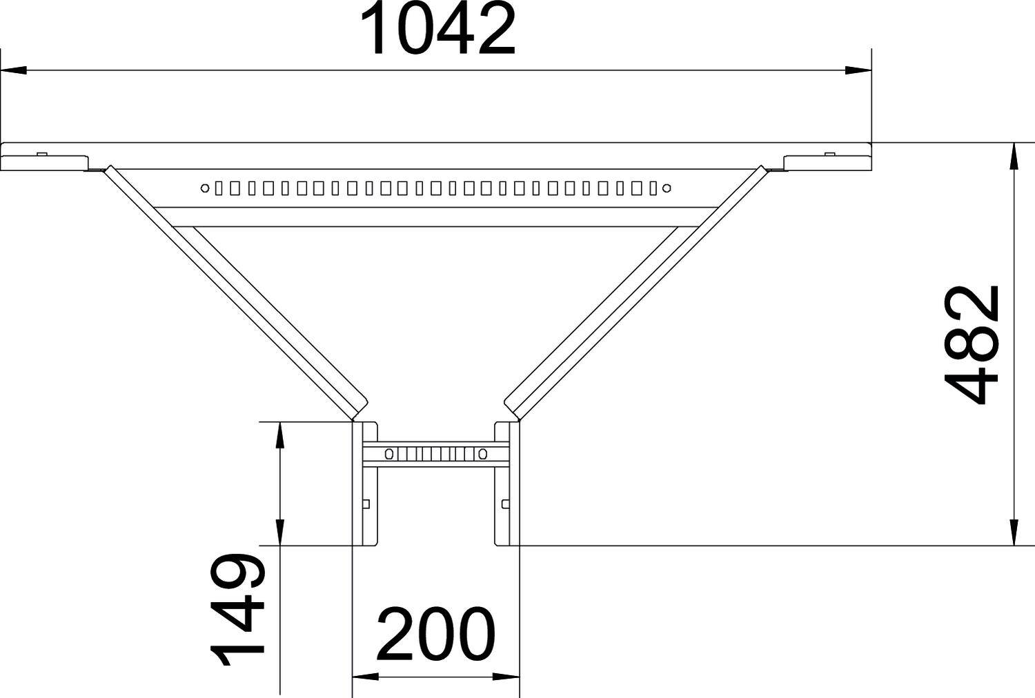 Technische Zeichnung eines Trägers. Maße sind 1042 mm Länge, 482 mm Höhe, 149 mm und 200 mm Breite.