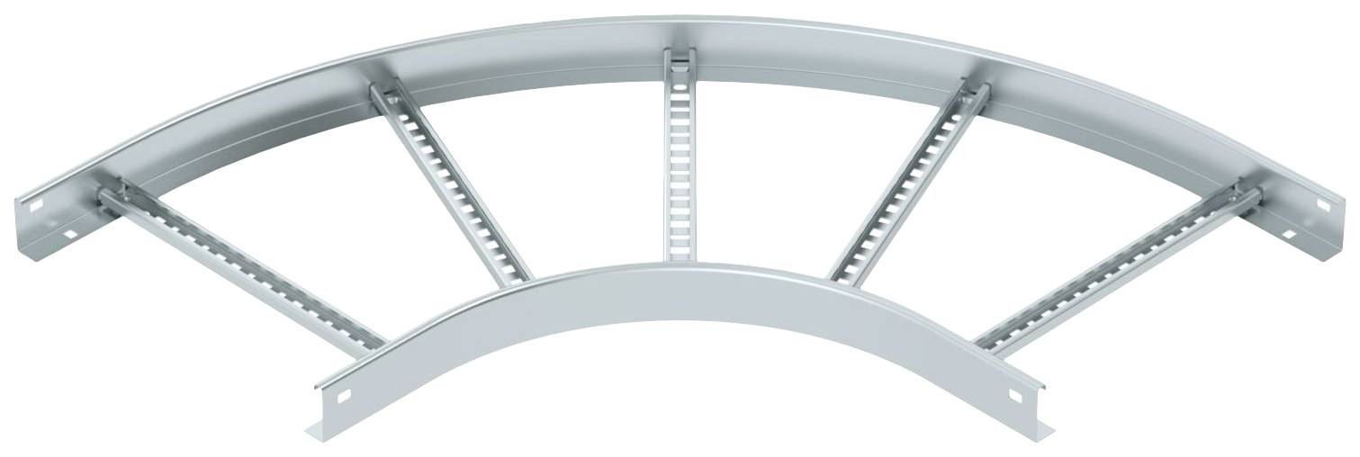 Gebogenes Metallträgerteil mit mehreren Querstreben, vermutlich für Konstruktions- oder Verkabelungszwecke, in Silber.
