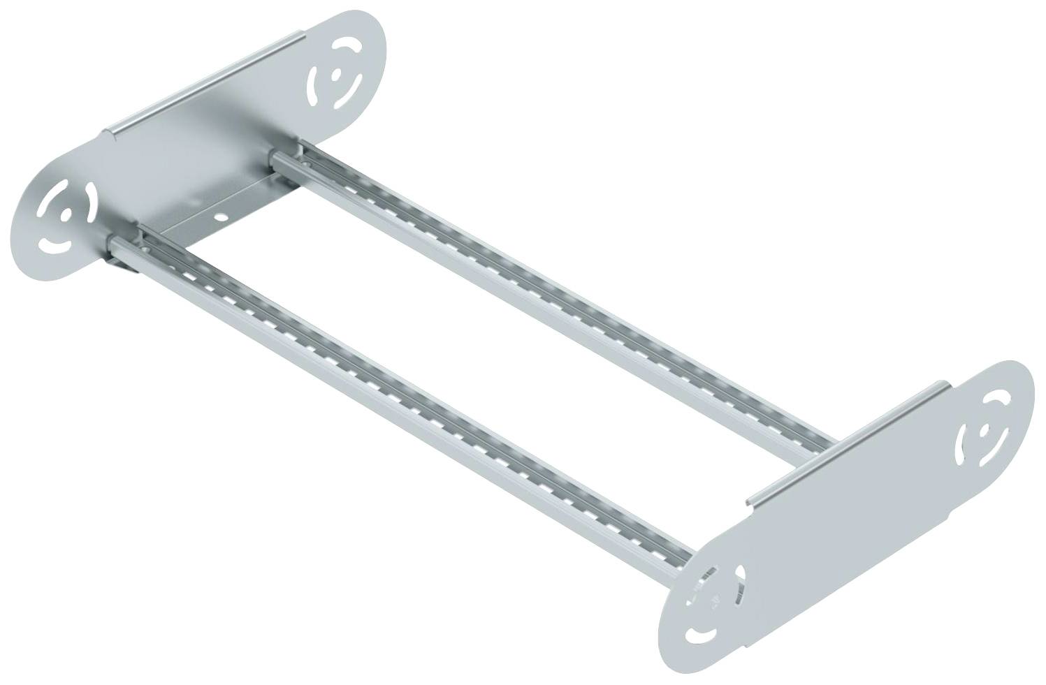 Metallrahmen mit verstellbaren Schienen und Löchern an den Enden, wahrscheinlich ein Halterungs- oder Montagematerial.