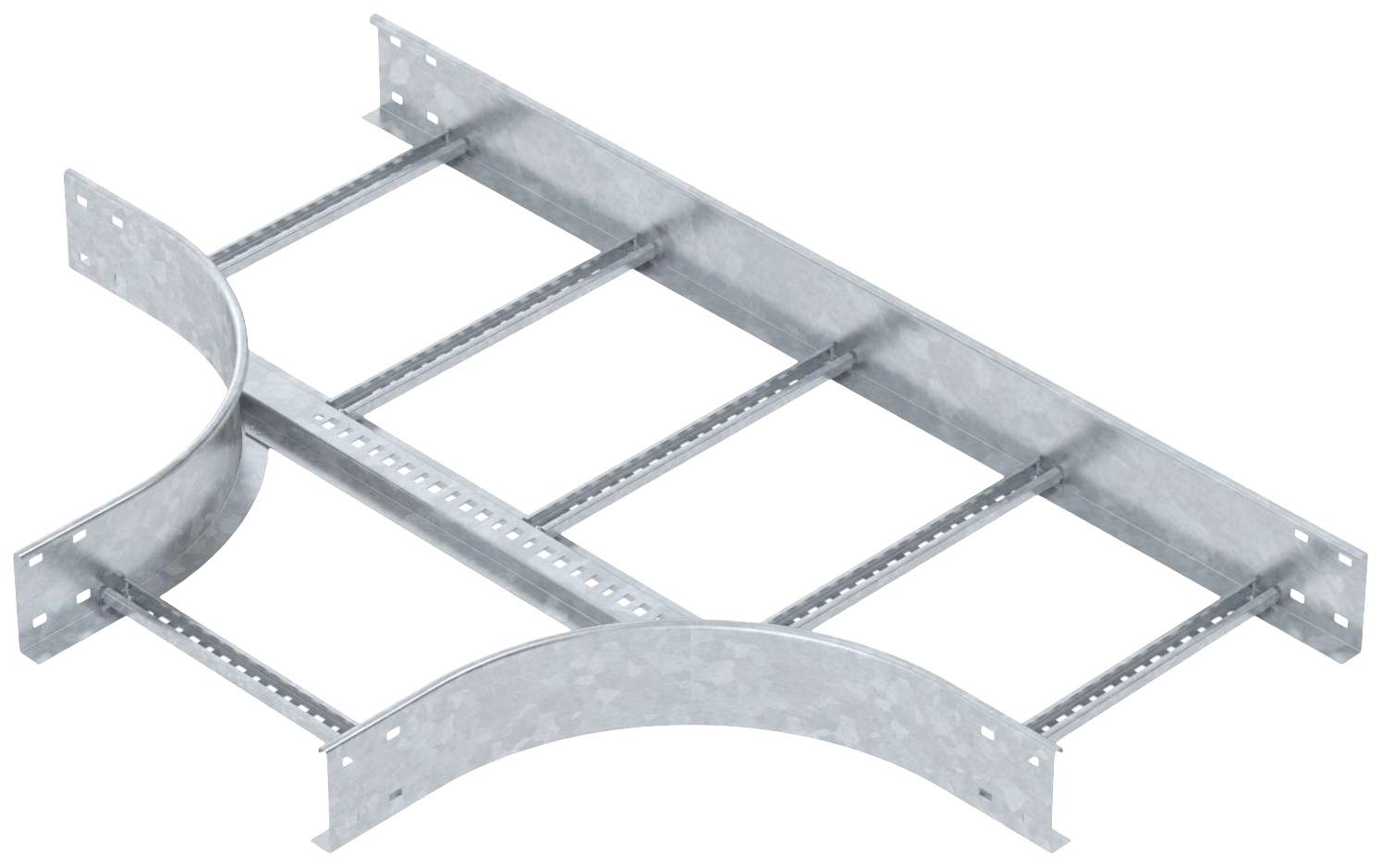 Metallisches Kabelrinnensystem mit zwei gekrümmten Seitenteilen und Querstreben. Dient zur ordentlichen Führung von Kabeln.